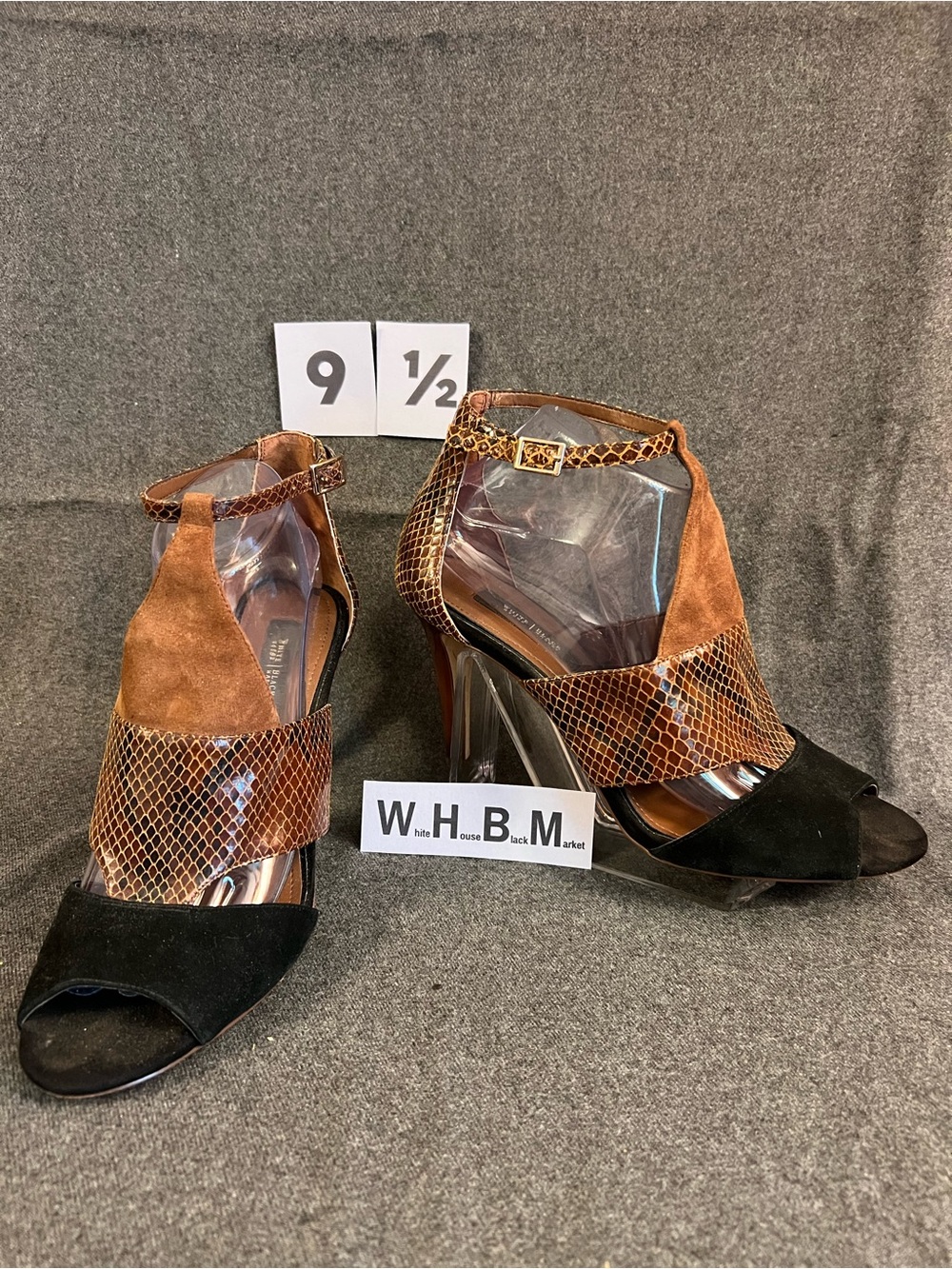 WHBM Women's Multi-Texture Brown & Black Peep-Toe Heels